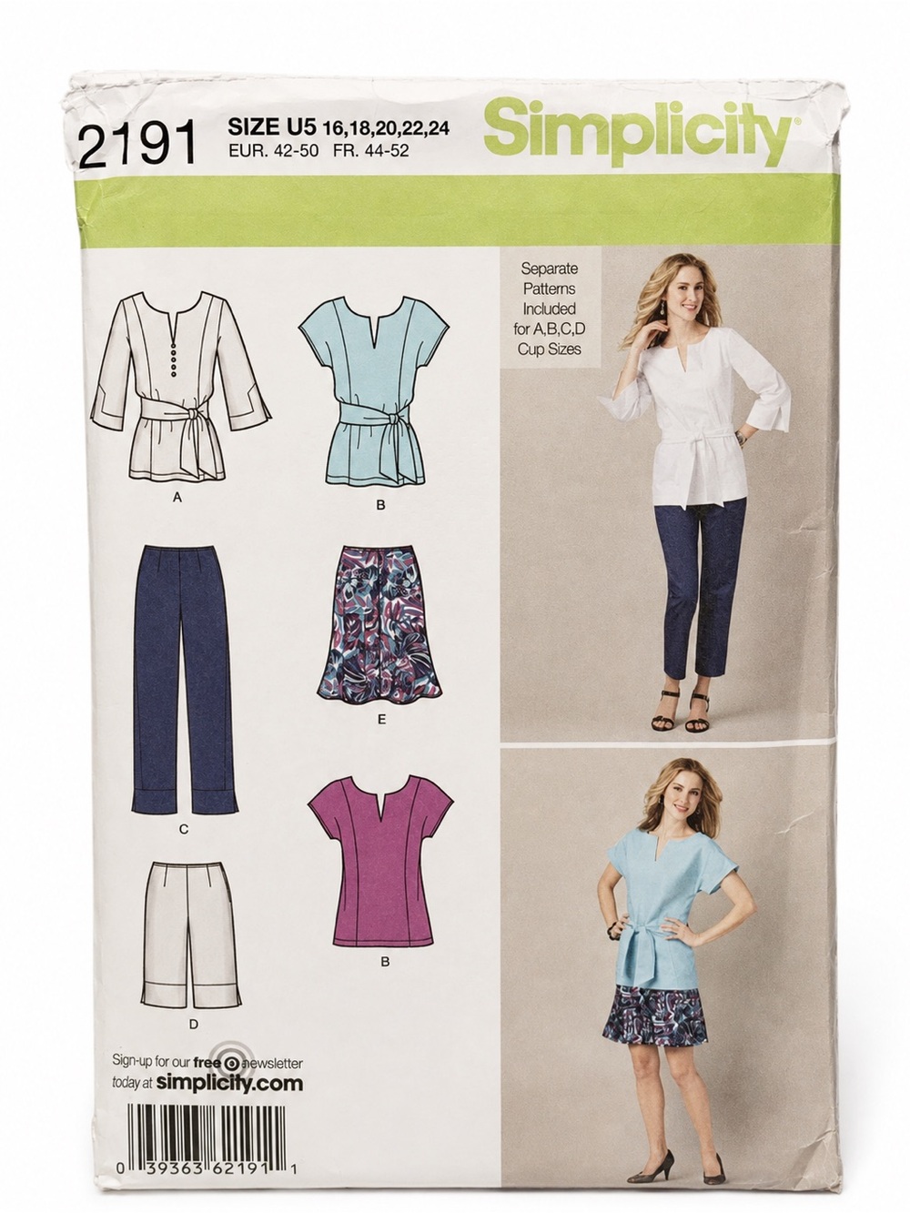 Simplicity 2191 Uncut Tunic Top Pants Shorts Skirt Pattern Sizes 16 to 24